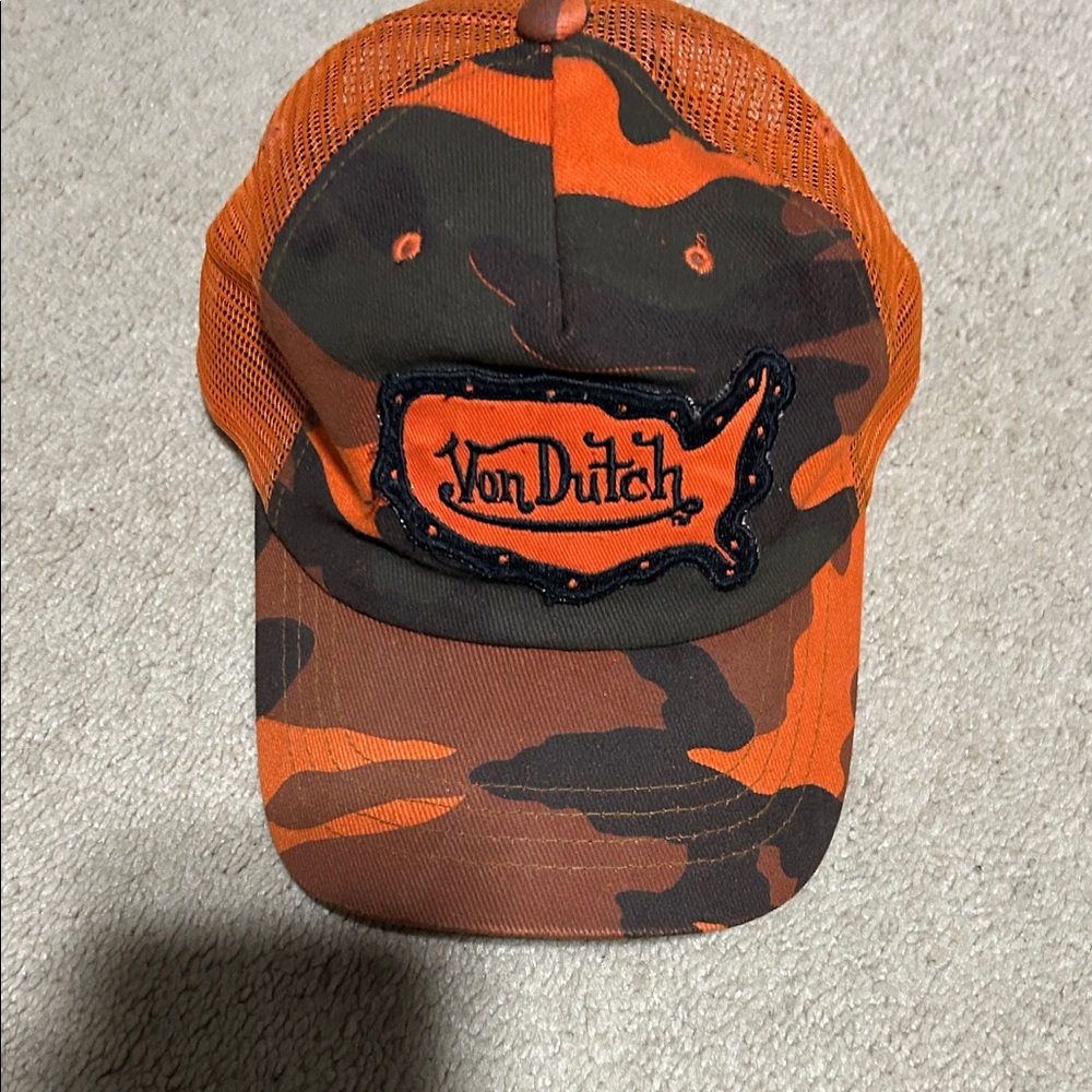 Y2K Vintage United States Patch Von Dutch Orange Camo Mesh Trucker Hat